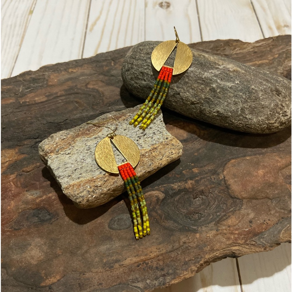 Handmade fringe seed bead and brass earrings